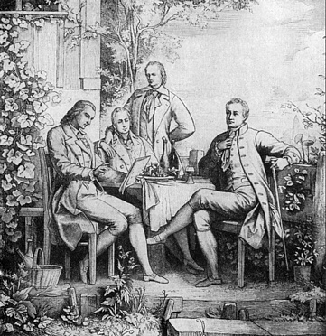 Wilhelm (2. v.l.) mit Schiller, seinem Bruder Alexander und Goethe in Jena